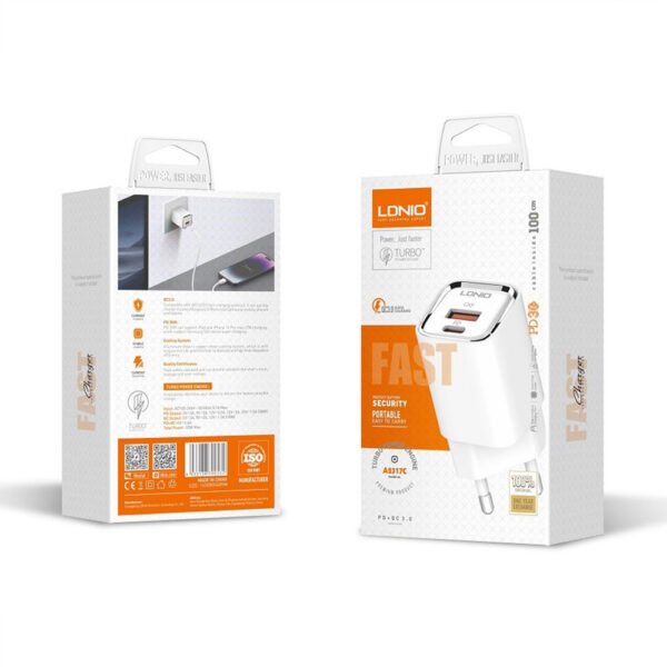 Cargador de Carga Rápida LDNIO A2317 30W USB-C + USB-A sin Cable