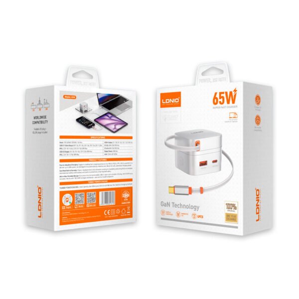 Cargador de Carga Rápida LDNIO Q10 GaN 65W con Cable Retráctil USB-C - Imagen 2