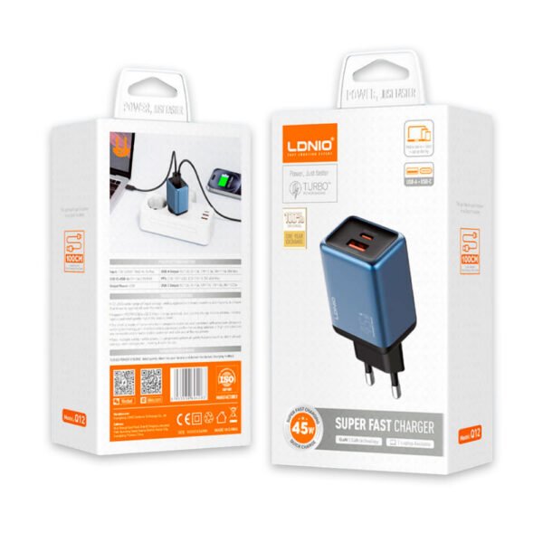 Cargador de Carga Súper Rápida LDNIO Q12 45W USB-C + USB-A con Cable - Imagen 2