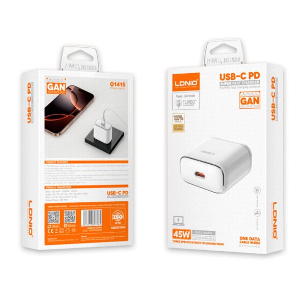 Cargador de Carga Súper Rápida LDNIO Q1415 GaN 45W USB-C con Cable - Imagen 2