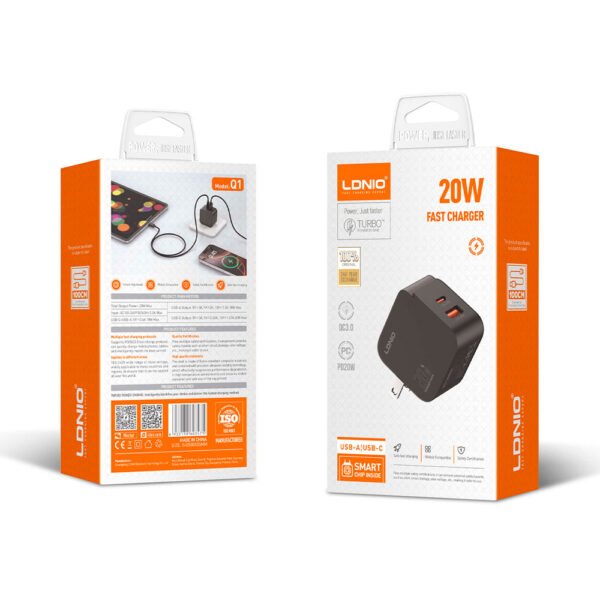 Cargador de Carga Súper Rápida LDNIO Q1 20W USB-C + USB-A sin Cable - Imagen 2