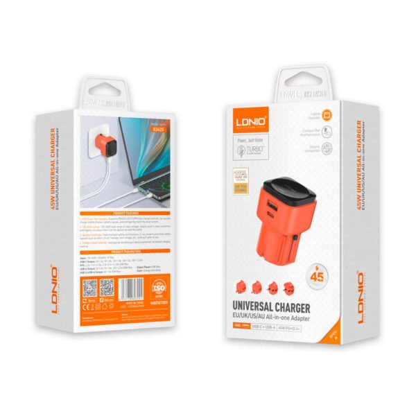 Cargador de Carga Ultrarrápida LDNIO Q2420 45W USB-C + USB-A con Cable - Imagen 2