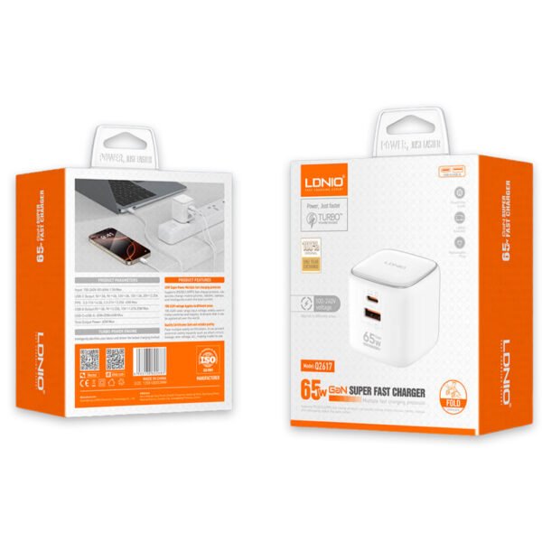 Cargador de Carga Rápida LDNIO Q2617 GaN 65W USB-C + USB-A con Cable - Imagen 2