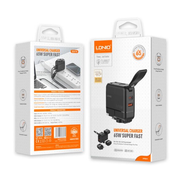 Cargador de Carga Súper Rápida LDNIO Q2618 GaN 65W USB-C + USB-A con Cable - Imagen 2