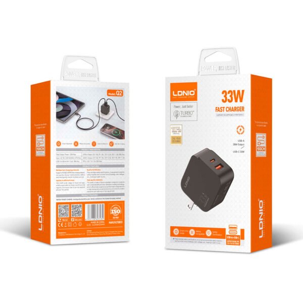 Cargador de Carga Súper Rápida LDNIO Q2 33W USB-C + USB-A con Cable - Imagen 2