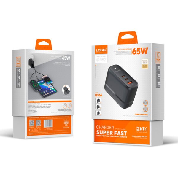 Cargador de Carga Súper Rápida LDNIO Q366 GaN 65W con 2 USB-C + USB-A y Cable - Imagen 2