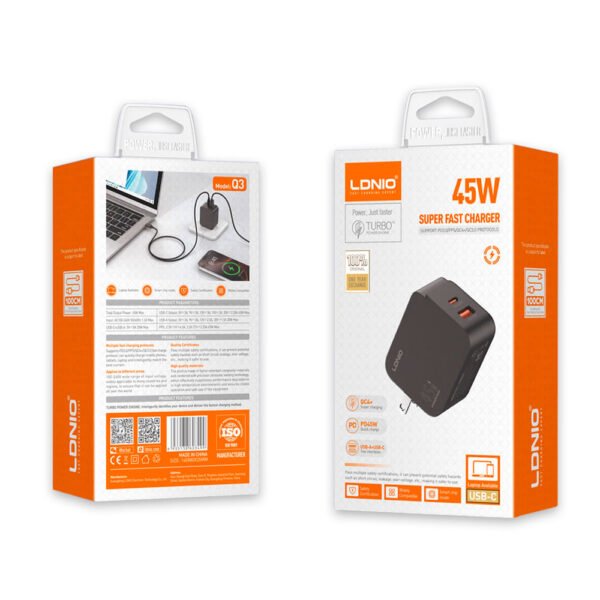 Cargador de Carga Súper Rápida LDNIO Q3 45W USB-C + USB-A sin Cable - Imagen 2