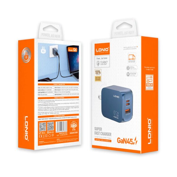 Cargador de Carga Súper Rápida LDNIO Q6 GaN 45W USB-C + USB-A con Cable Lightning - Imagen 2