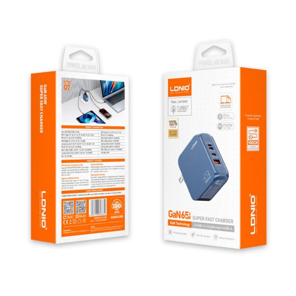 Cargador de Carga Súper Rápida LDNIO Q7 GaN 65W con 2 USB-C + USB-A y Cable Lightning - Imagen 2