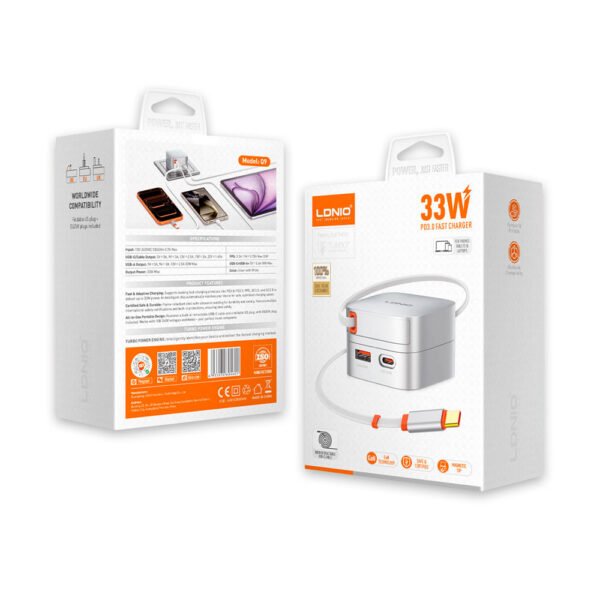 Cargador de Carga Rápida LDNIO Q9 GaN 33W con Cable Retráctil USB-C - Imagen 2